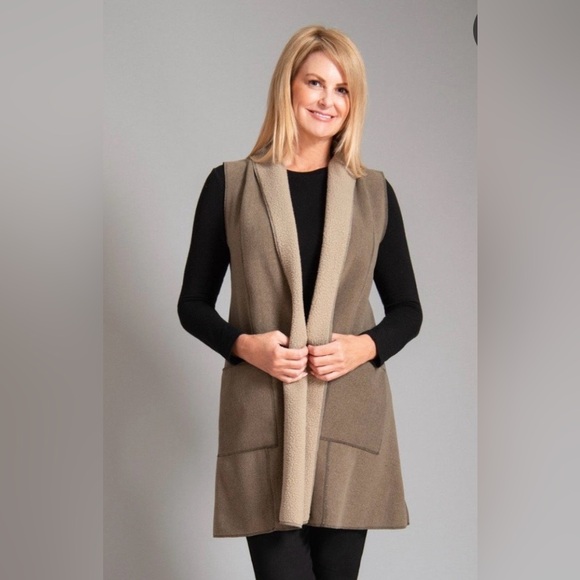 Cameleon Sylvia Vest Taupe & Cream Sherpa Lined Open Front Large Lagenlook Tunic - Picture 2 of 12